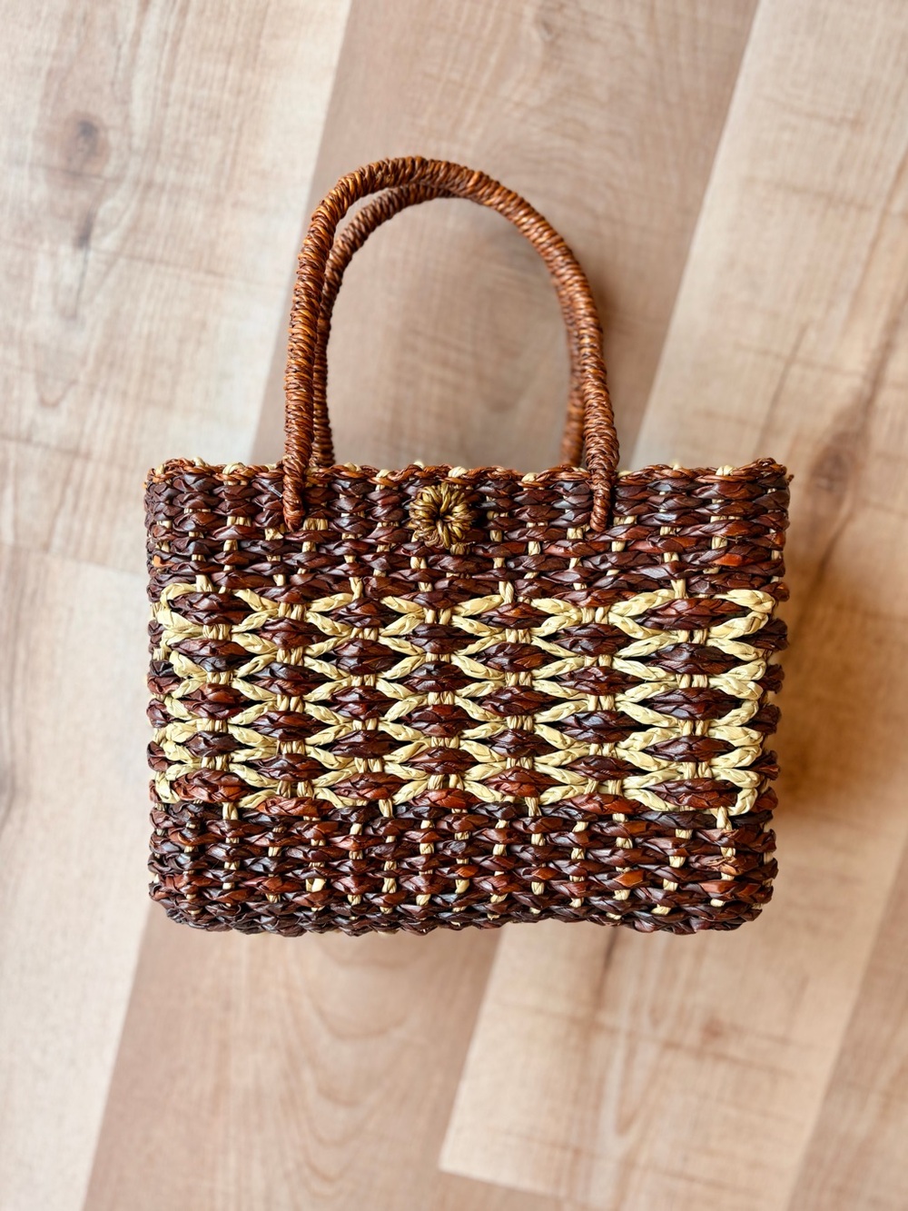Woven Straw Tote Handbag in Brown and Natural